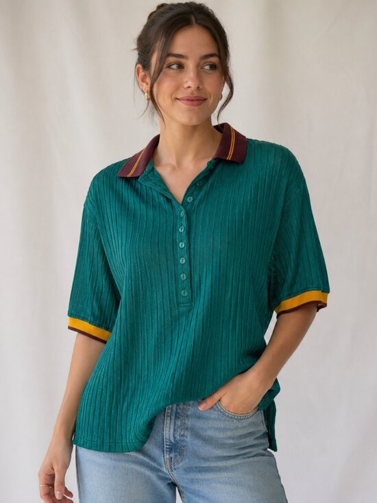 Urban Outfitters Tops - Urban Outfitters Ribbed Knit Polo Top Green Striped Varsity Collar Size Small